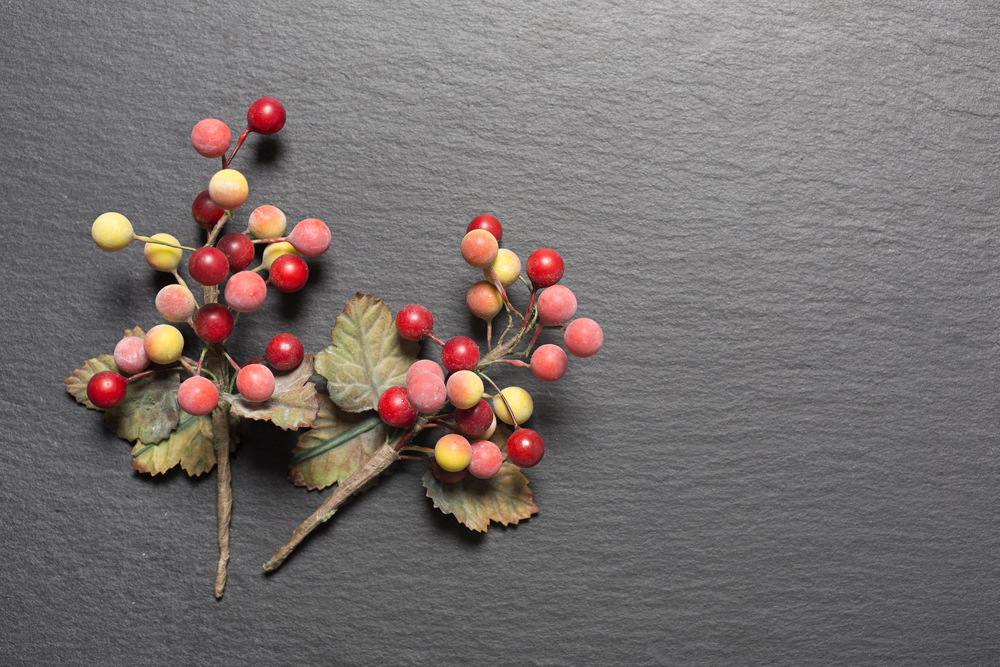 Home made colourful holly and berries on a dark slate surface